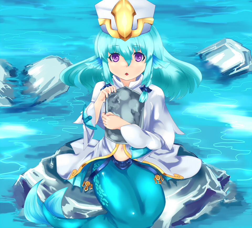 1girl, aqua_hair, braid, hair_between_eyes, hair_ribbon, hat, holding, long_hair