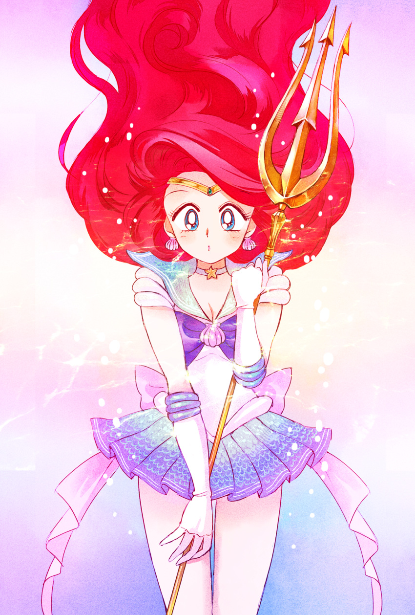 1girl, bishoujo_senshi_sailor_moon, blue_eyes, blue_skirt, breasts, character_request, choker, circlet, cleavage, earrings, elbow_gloves, gloves, highres, jewelry, lipstick, long_hair, makeup, miniskirt, pink_lipstick, pleated_skirt, polearm, redhead, ribbon, sailor_collar, sailor_senshi, shell, shell_earrings, shira_(busi), skirt, solo, star, trident, underwater, weapon, white_gloves