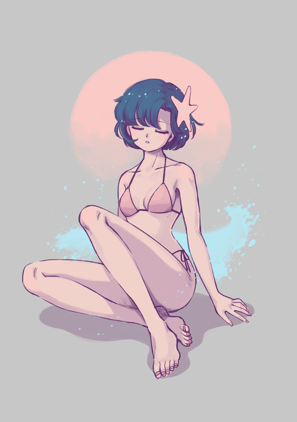 1girl, bikini, bishoujo_senshi_sailor_moon, blue_hair, closed_eyes, collarbone, full_body, hair_ornament