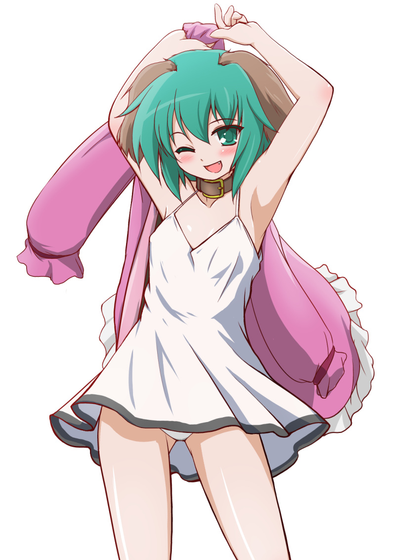 1girl, ;d, alternate_costume, animal_ears, armpits, arms_up, ass_visible_through_thighs, bangs