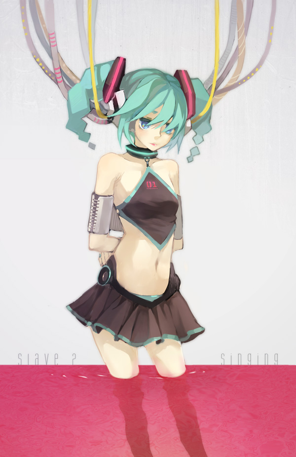 aqua_hair, bdsm, blue_eyes, bondage, cable, hatsune_miku, long_hair, midriff