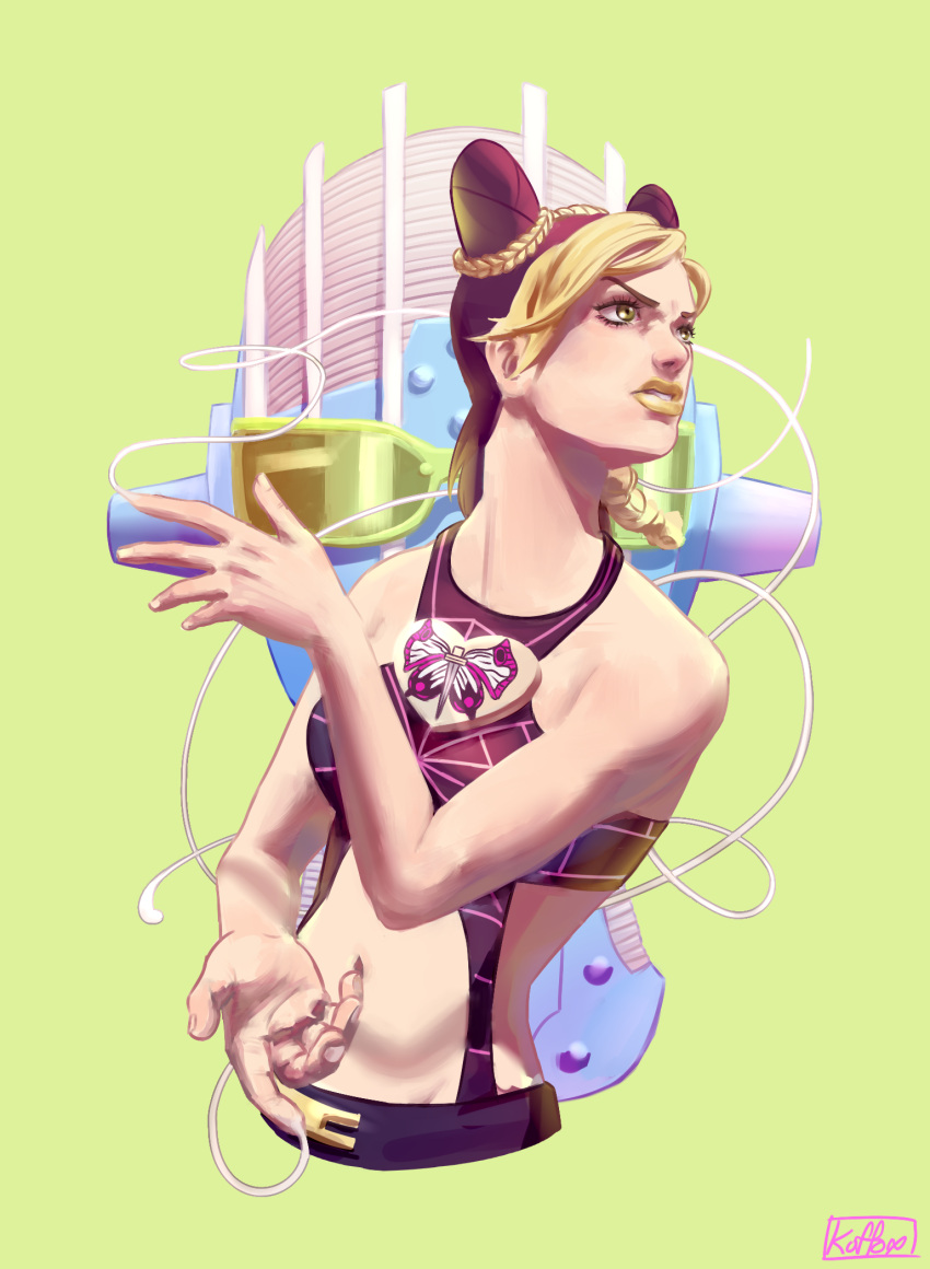 1girl, blonde_hair, braid, brown_hair, double_bun, green_eyes, green_lipstick, groin