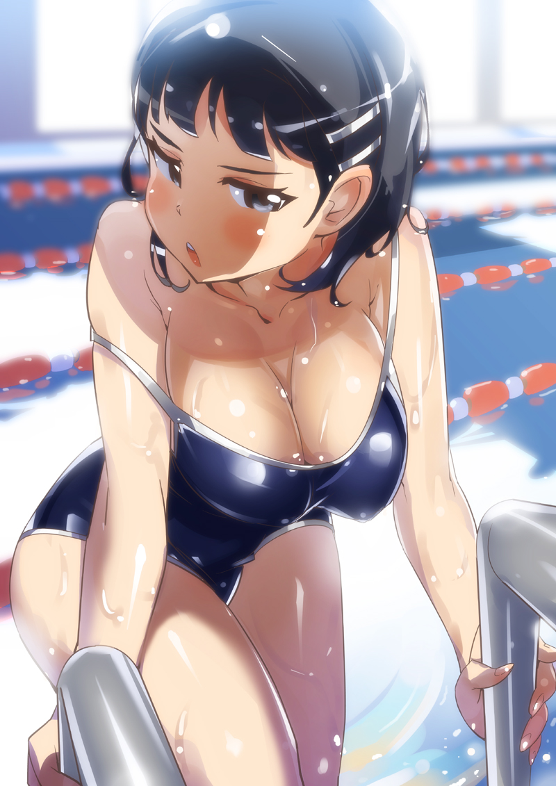 1girl, bangs, black_eyes, black_hair, blue_swimsuit, blush, breasts, cleavage, collarbone, hair_ornament, hairclip, kirigaya_suguha, large_breasts, leaning_forward, looking_at_viewer, off_shoulder, one-piece_swimsuit, open_mouth, pool, pool_ladder, school_swimsuit, shiny, short_hair, solo, strap_slip, swimsuit, sword_art_online, tashiromotoi, taut_clothes, taut_swimsuit, teeth, wet, wet_hair