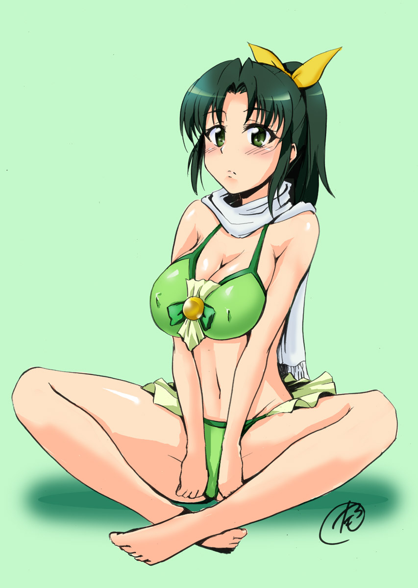 1girl, bikini, green_eyes, green_hair, highres, indian_style, long_hair, midorikawa_nao