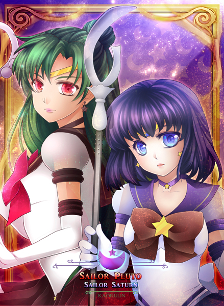 2girls, bishoujo_senshi_sailor_moon, black_hair, black_skirt, blue_eyes, bow, brooch, brown_bow, character_name, choker, cowboy_shot, earrings, elbow_gloves, fch2009, gloves, green_hair, hair_bun, jewelry, long_hair, looking_at_viewer, magical_girl, meiou_setsuna, multiple_girls, pleated_skirt, puffy_sleeves, red_bow, red_eyes, sailor_collar, sailor_pluto, sailor_saturn, short_hair, silence_glaive, skirt, smile, star, star_earrings, super_sailor_pluto_(stars), super_sailor_saturn_(stars), tiara, tomoe_hotaru, white_gloves