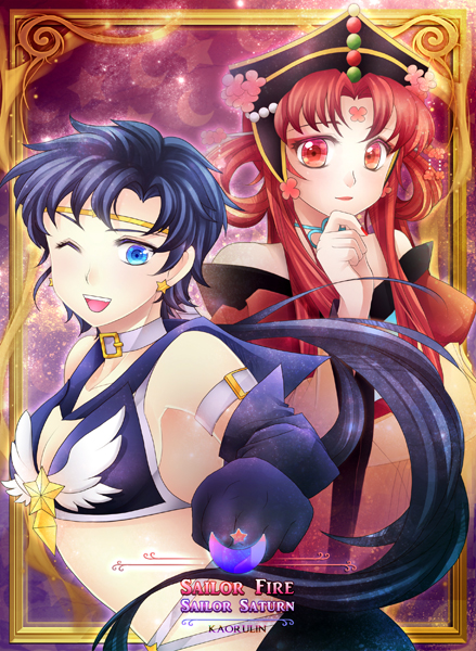 2girls, ;d, bare_shoulders, bishoujo_senshi_sailor_moon, black_gloves, black_hair, black_hat, blue_eyes
