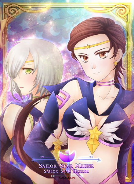 2girls, bishoujo_senshi_sailor_moon, brooch, brown_eyes, brown_hair, character_name, choker, cowboy_shot