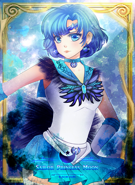 1girl, bishoujo_senshi_sailor_moon, blue_background, blue_eyes, blue_hair, blue_skirt, brooch, choker