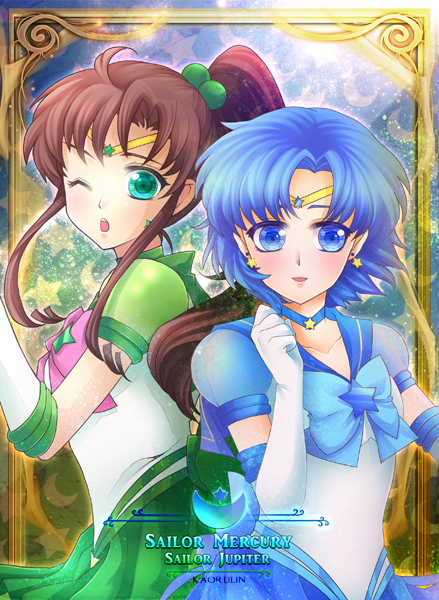 2girls, ;o, bishoujo_senshi_sailor_moon, blue_bow, blue_eyes, blue_hair, blue_skirt, blush