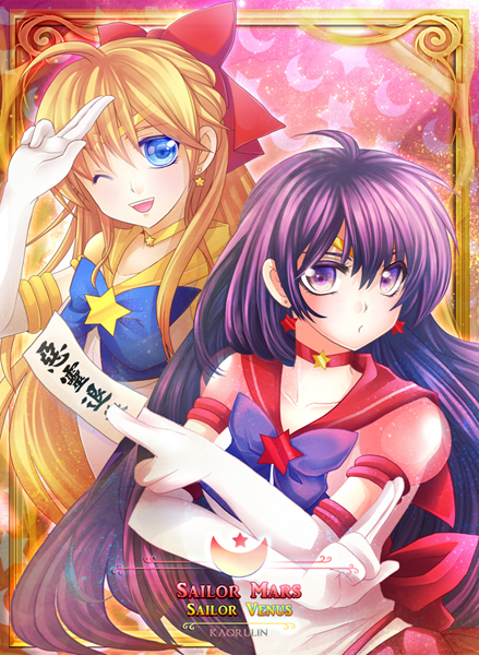 2girls, ;d, aino_minako, bishoujo_senshi_sailor_moon, blonde_hair, blue_bow, blue_eyes, bow, brooch, character_name, choker, cowboy_shot, earrings, elbow_gloves, fch2009, gloves, hair_bow, half_updo, hino_rei, inner_senshi, jewelry, long_hair, looking_at_viewer, magical_girl, multiple_girls, ofuda, one_eye_closed, open_mouth, purple_bow, purple_hair, red_bow, sailor_collar, sailor_mars, sailor_senshi, sailor_venus, smile, star, star_earrings, super_sailor_mars_(stars), super_sailor_venus_(stars), tiara, violet_eyes, white_gloves