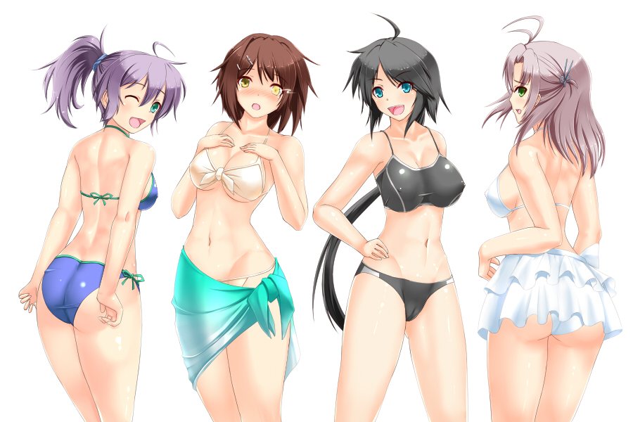 4girls, ahoge, aoba_(kantai_collection), aqua_eyes, arm_behind_back, arms_behind_back, ass, back