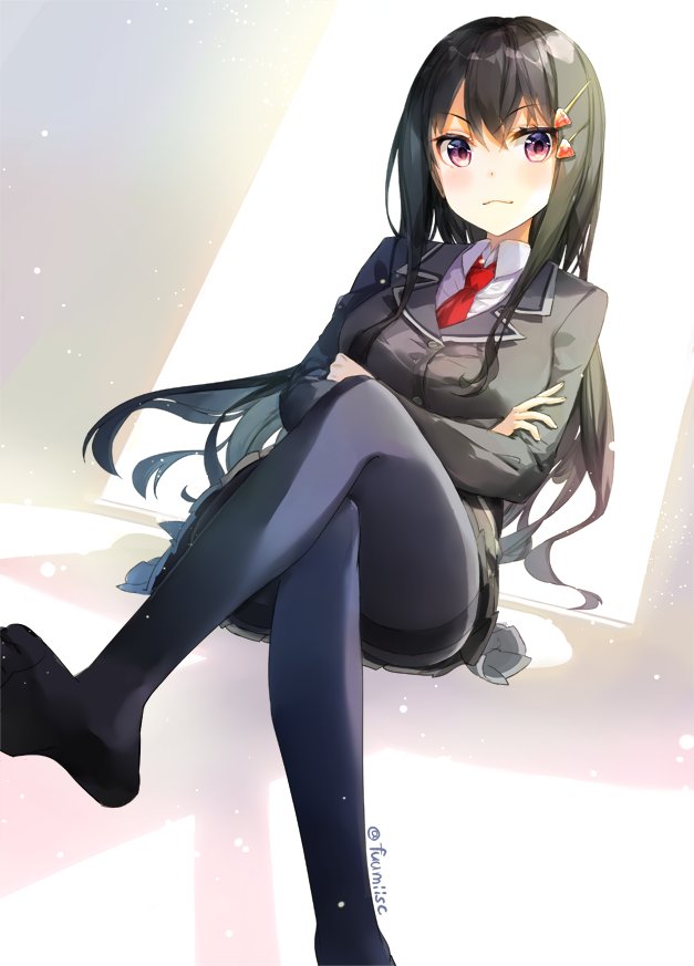1girl, black_hair, black_legwear, crossed_arms, crossed_legs, fuumi_(radial_engine), hair_ornament, hairclip