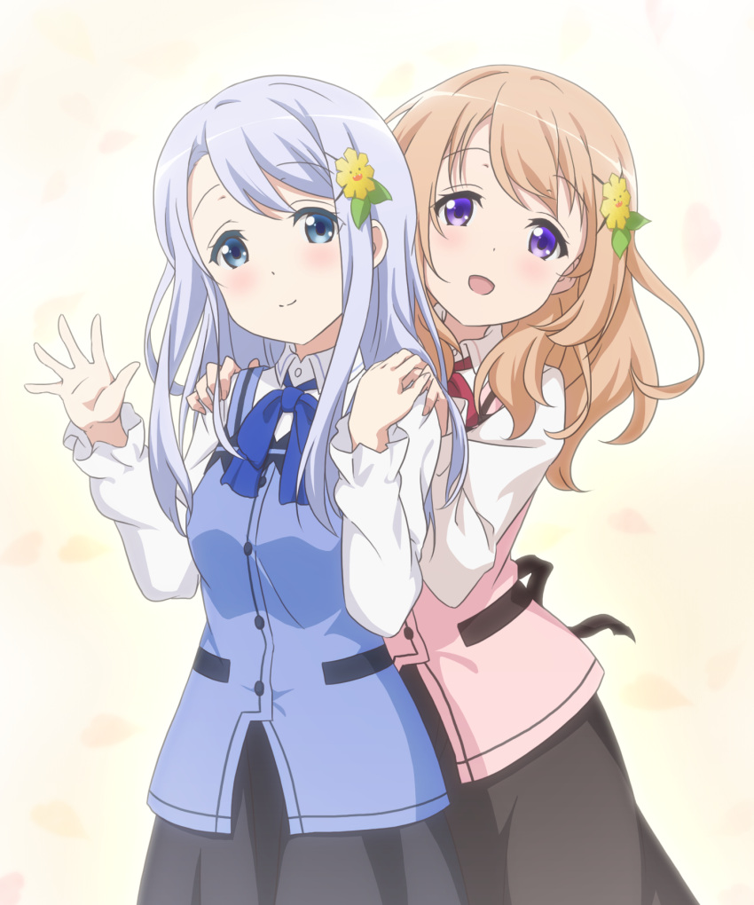 2girls, blue_eyes, blue_hair, blush, couple, gochuumon_wa_usagi_desu_ka?, hair_ornament, hands_on_shoulders