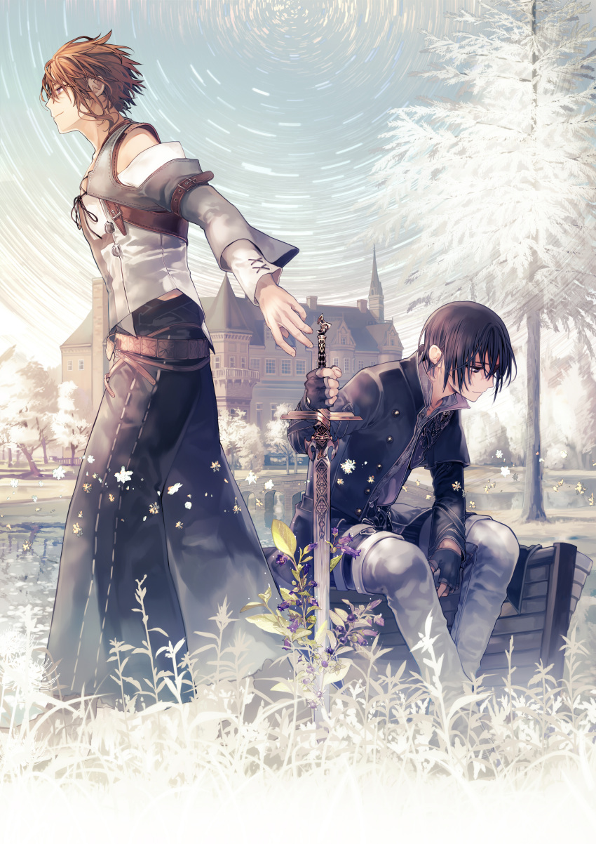 2boys, absurdres, aikawa_kanami, arm_belt, back-to-back, bags_under_eyes, bangs, berries