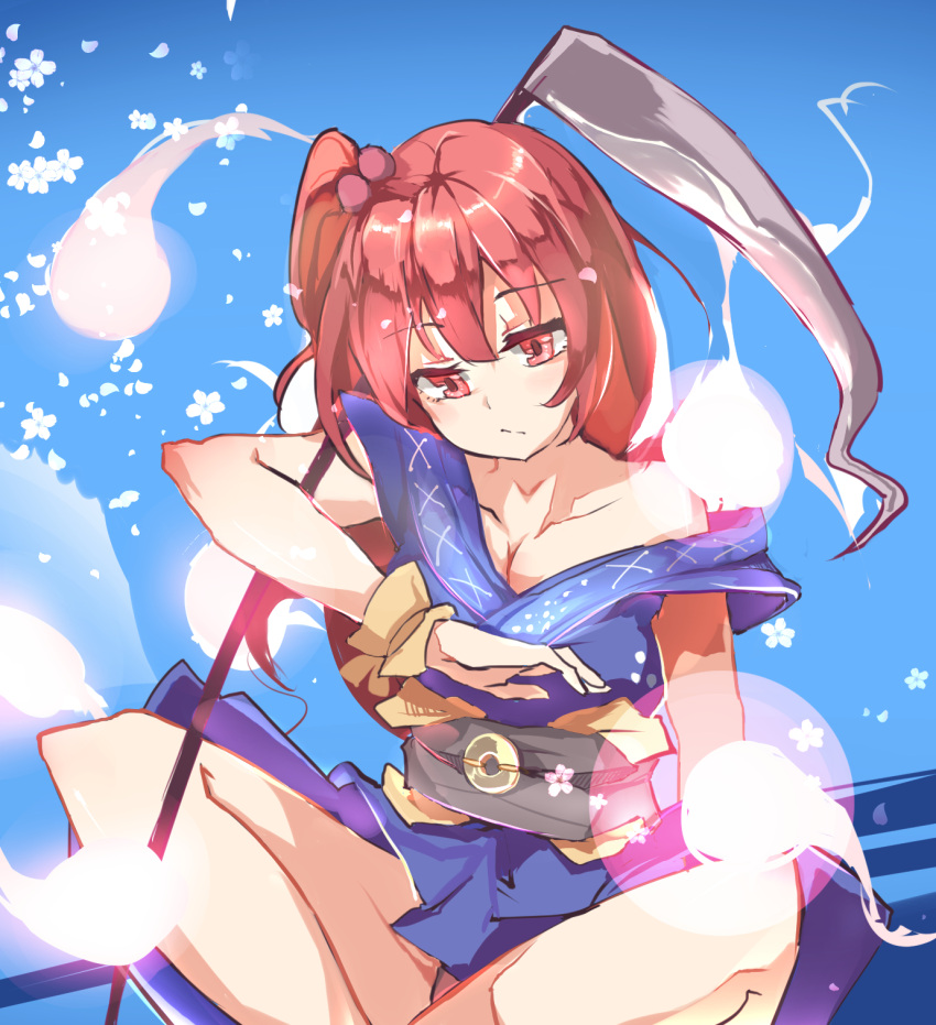 1girl, alternate_hairstyle, bangs, bare_shoulders, blue_background, breasts, cleavage, collarbone