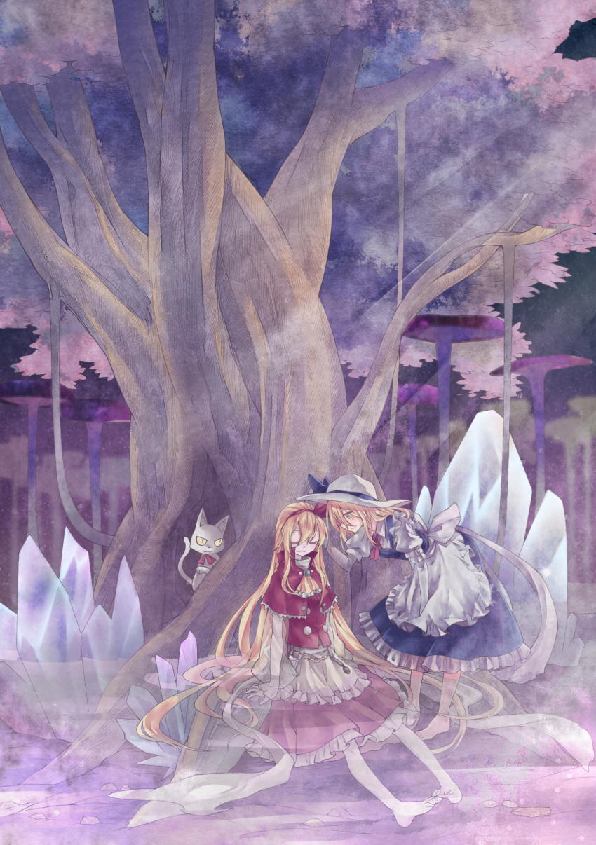 2girls, absurdres, apron, ascot, barefoot, bent_over, blonde_hair, capelet