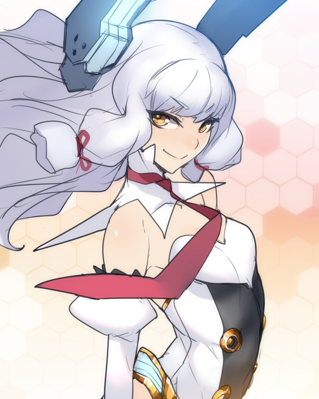 1girl, adapted_costume, ban, chaos_code, cosplay, cthylla_(chaos_code), cthylla_(chaos_code)_(cosplay), detached_collar, detached_sleeves, flat_chest, hair_ribbon, headgear, highres, kantai_collection, long_hair, looking_at_viewer, murakumo_(kantai_collection), necktie, red_necktie, remodel_(kantai_collection), ribbon, smile, solo, white_hair, yellow_eyes