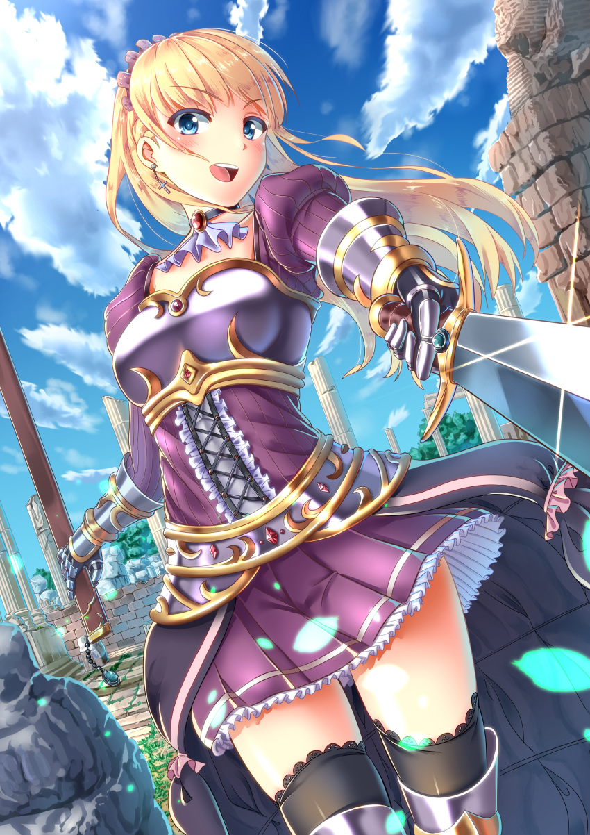1girl, absurdres, black_legwear, blonde_hair, blue_eyes, earrings, gauntlets, hair_ornament