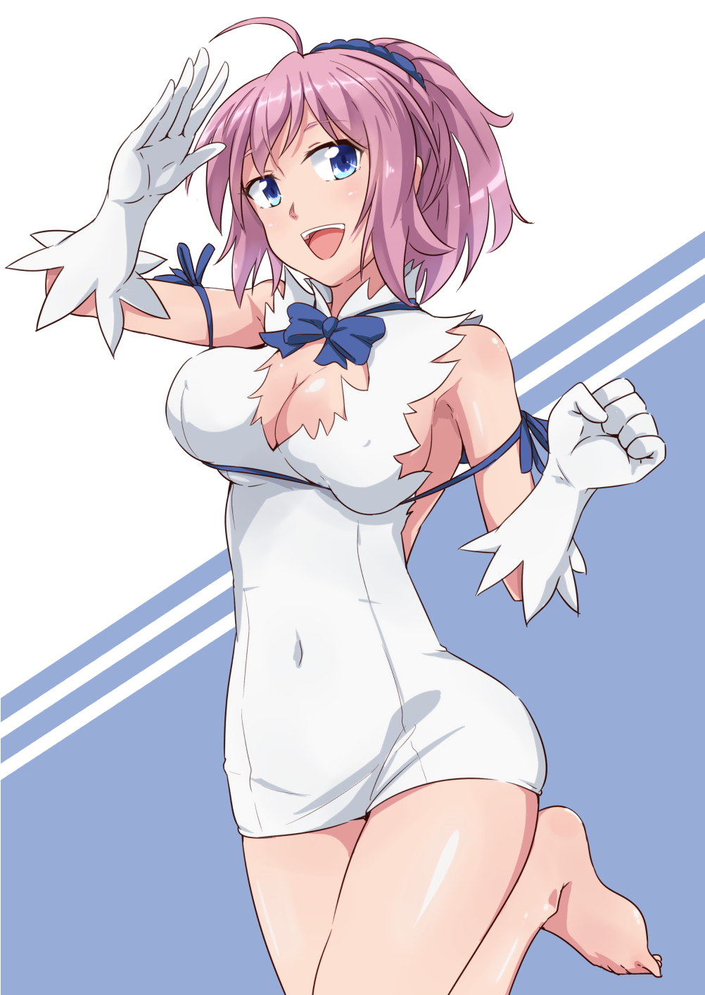 1girl, :d, ahoge, aoba_(kantai_collection), barefoot, blue_eyes, blue_ribbon, breasts, cleavage, cleavage_cutout, covered_navel, covered_nipples, dress, dungeon_ni_deai_wo_motomeru_no_wa_machigatteiru_darou_ka, gloves, hestia_(danmachi), hestia_(danmachi)_(cosplay), highres, kakiha_makoto, kantai_collection, leg_up, looking_at_viewer, open_mouth, pink_hair, ponytail, rei_no_himo, ribbon, salute, scrunchie, short_dress, skindentation, sleeveless, sleeveless_dress, smile, solo, white_dress, white_gloves