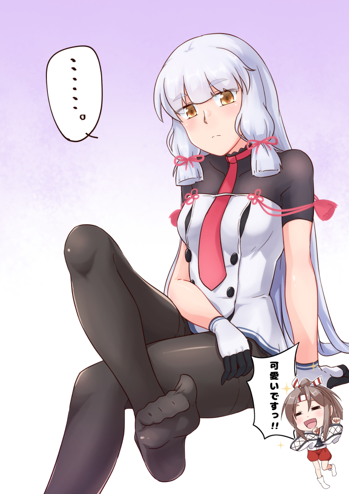 ..., 2girls, =_=, arm_support, black_legwear, crossed_legs, dress, gloves