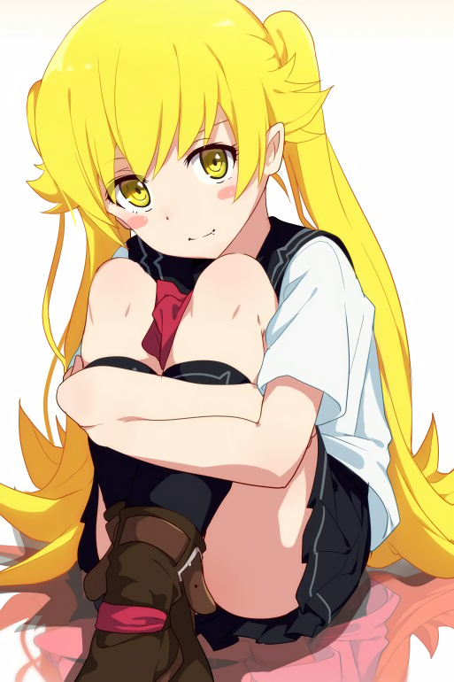 blonde_hair, blush, fang, leg_hug, looking_at_viewer, monogatari_(series), ogipote, oshino_shinobu