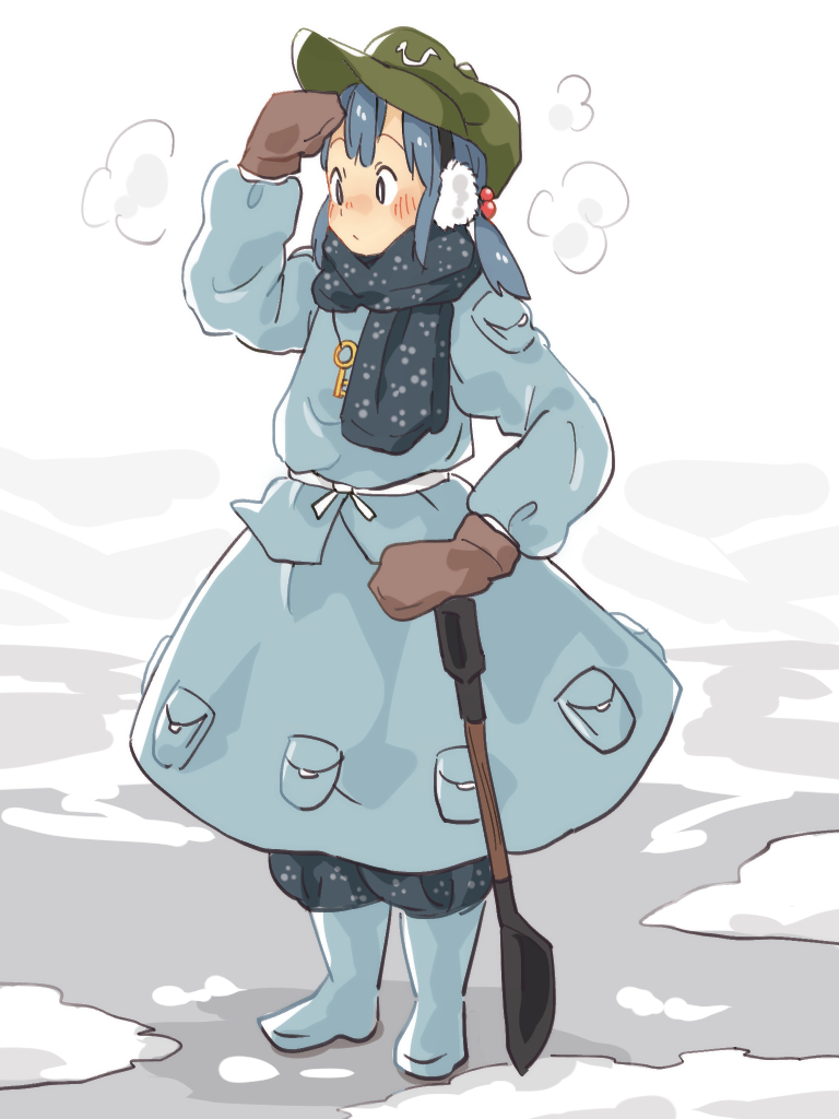 1girl, blue_hair, blush, boots, chii-kun_(seedyoulater), earmuffs, hair_bobbles, hair_ornament