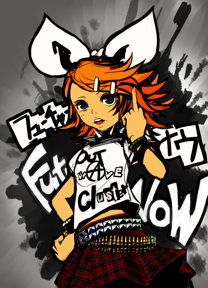 bad_id, belt, blonde_hair, blue_eyes, collar, hello_nostradamus_(vocaloid), kagamine_rin, kansou_samehada, kansousamehada, middle_finger, orange_hair, red_hair, redhead, skirt, spiked_collar, spikes, studded_belt, vocaloid