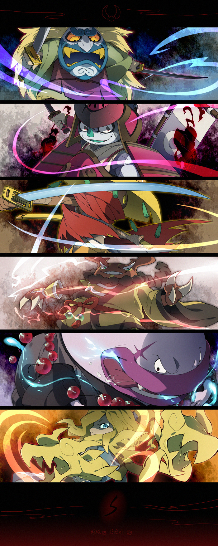 armor, artist_name, bandages, banner, blonde_hair, blue_eyes, dark_skin, dated, dual_wielding, helmet, highres, hikariorochi, inochitori, japanese_armor, kabuto, katana, kusanagi_(youkai_watch), long_hair, mask, namahage_(youkai_watch), ookuwanokami, open_mouth, sandogasa, sashimono, sg_(suuchan), sheath, sode, stag_beetle, sword, twitter_username, weapon, yomi_gensui, youkai, youkai_watch