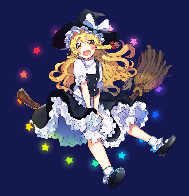apron, black_dress, black_shoes, blonde_hair, bow, braid, broom, broom_riding