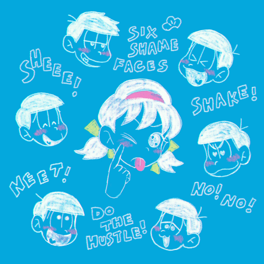 1girl, 6+boys, akanbe, blue_background, blush, brothers, chalk, english