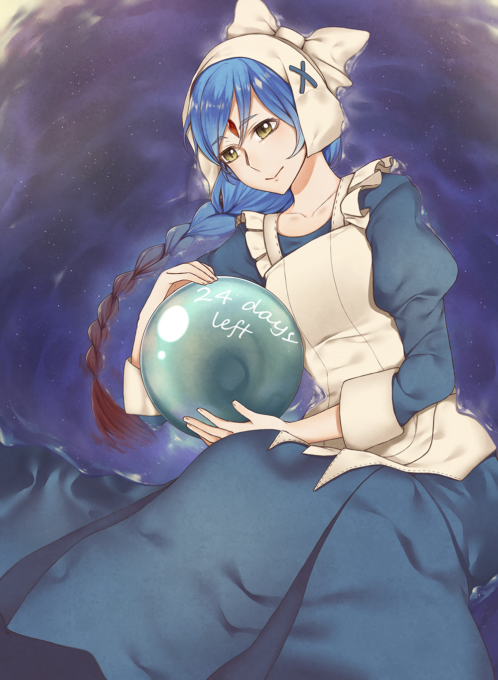 1girl, apron, blue_hair, braid, crystal_ball, dress, facial_mark, fire_emblem