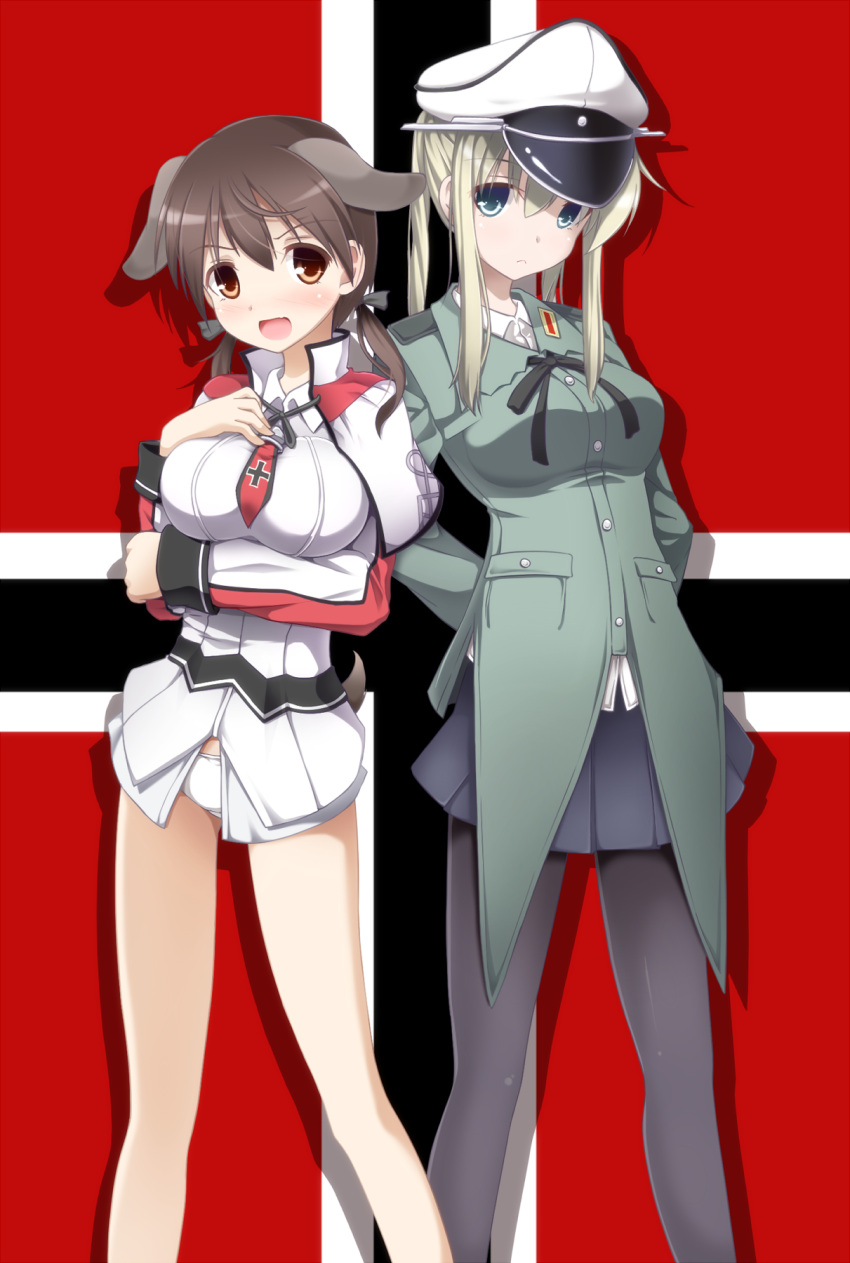 2girls, arms_behind_back, blonde_hair, blue_eyes, blush, breast_hold, breasts, brown_eyes