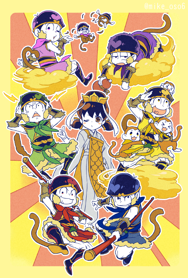 >_<, 1girl, 6+boys, :3, :d, aiming_at_viewer, armor, arms_up, blowing_on_hands, blue_eyes, blue_hair, blush, blush_stickers, boots, border, brothers, brown_eyes, brown_hair, carrying_over_shoulder, chibi, chinese_clothes, circlet, closed_eyes, clothed_animal, clouds, flying_nimbus, green_hair, grin, hair_ribbon, half-closed_eyes, hands_on_own_head, headband, heart, heart_tail, holding_staff, journey_to_the_west, lightning_bolt, looking_at_viewer, looking_away, macedonian_flag, matsuno_choromatsu, matsuno_ichimatsu, matsuno_juushimatsu, matsuno_karamatsu, matsuno_osomatsu, matsuno_todomatsu, meriru_ururu, monkey, monkey_tail, multiple_boys, multiple_persona, one_eye_closed, open_mouth, osomatsu-kun, osomatsu-san, pants, parody, pink_eyes, pink_hair, purple_hair, red_eyes, redhead, ribbon, sash, scarf, sextuplets, shading_eyes, short_twintails, siblings, sitting, smile, staff, standing, sun_wukong, sun_wukong_(cosplay), sunburst, tail, tang_sanzang, tang_sanzang_(cosplay), tears, triangular_headpiece, twintails, twitter_username, vambraces, yowai_totoko