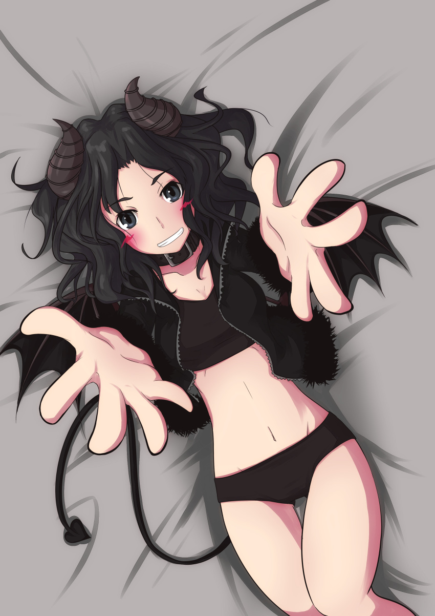 1girl, absurdres, amagami, black_hair, blush, choker, collar, crop_top