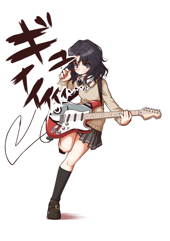 1girl, amagami, black_hair, black_legwear, blazer, cable, dial, effects_pedal, electric_guitar, fish_print, grey_eyes, guitar, guitar_request, guriko_(mossari), headphones, instrument, leg_up, legs, long_hair, messy_hair, open_collar, plectrum, simple_background, skirt, socks, solo, strap, sweater, tanamachi_kaoru, translation_request, white_background