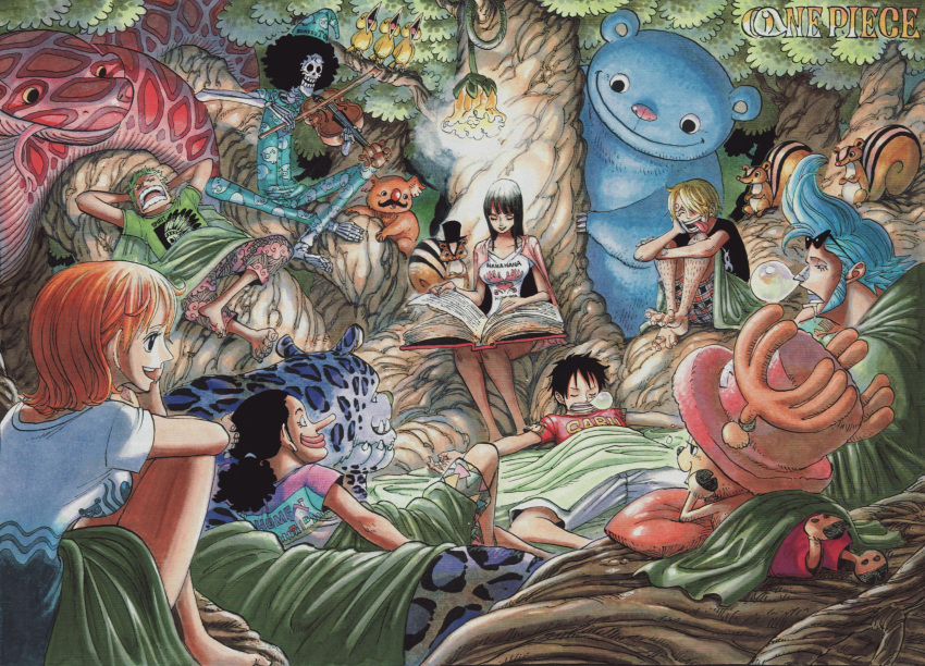 afro, bear, bird, black_hair, blonde_hair, blue_hair, book, brook