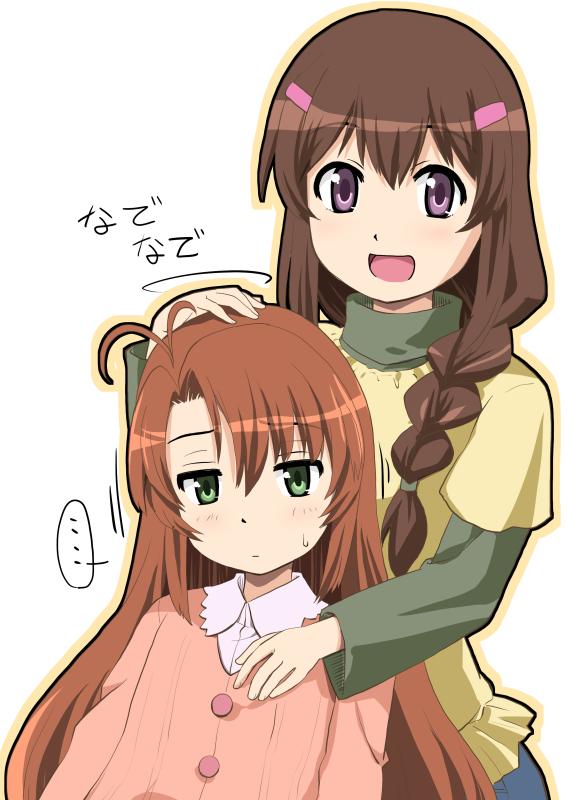 ..., ahoge, bangs, blouse, braid, brown_eyes, brown_hair, commentary_request