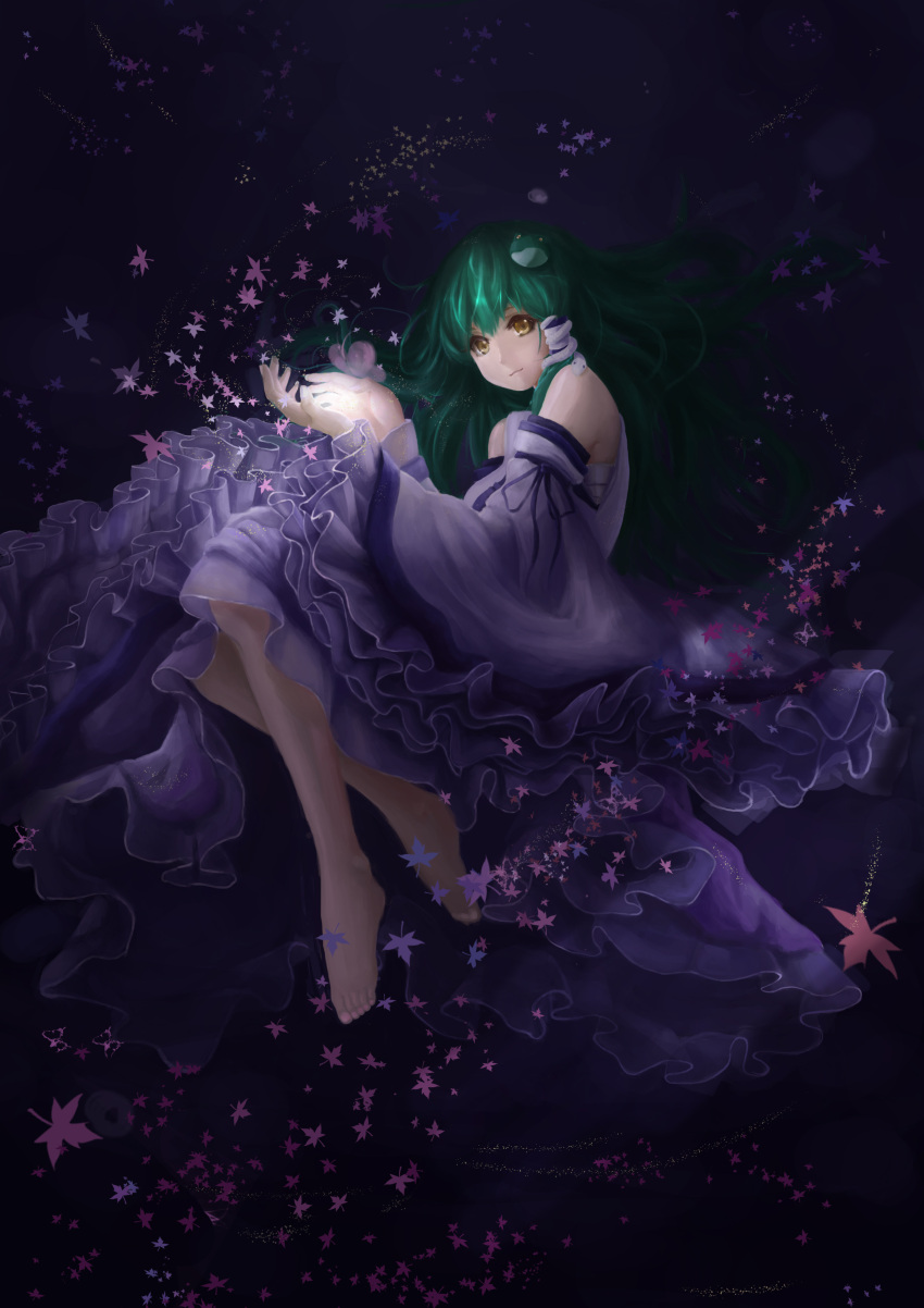 1girl, absurdres, arm_ribbon, barefoot, blue_skirt, detached_sleeves, frilled_sleeves, frills