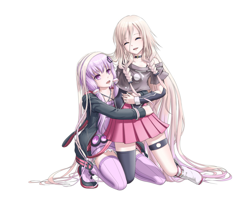 2girls, :d, ^_^, animal_hood, arm_around_waist, bangs, belt, between_legs, black_legwear, boots, bracelet, braid, bunny_hood, choker, closed_eyes, criss-cross_halter, eyebrows, flat_chest, full_body, hair_between_eyes, hair_ornament, halter_top, halterneck, highres, holding_hands, hood, hood_down, hooded_jacket, hug, ia_(vocaloid), jacket, jewelry, kneehighs, kneeling, long_hair, long_sleeves, looking_at_another, miniskirt, multiple_girls, off_shoulder, open_mouth, pink_skirt, pleated_skirt, ponta_(ias1773oi), print_shirt, purple_hair, purple_legwear, ribbed_legwear, ribbed_sweater, shirt, short_hair_with_long_locks, silver_hair, simple_background, single_kneehigh, single_thighhigh, skirt, small_breasts, smile, sweater, thigh-highs, thigh_strap, twin_braids, very_long_hair, violet_eyes, vocaloid, voiceroid, white_background, white_boots, yuzuki_yukari, zettai_ryouiki