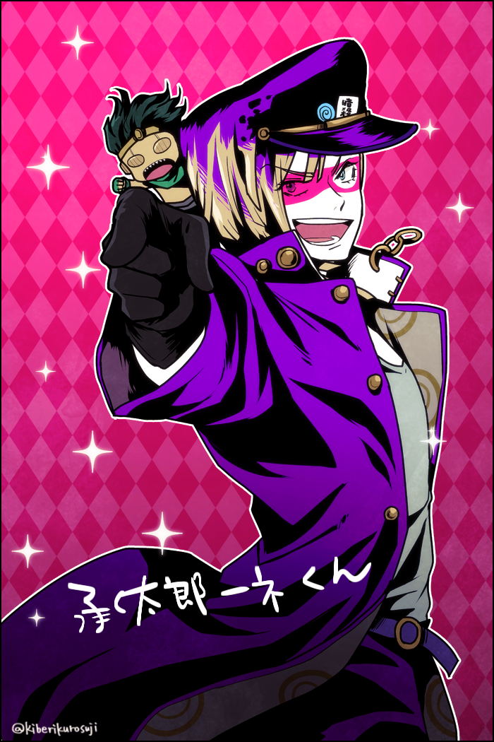 argyle, argyle_background, baby_face_(stand), black_gloves, blonde_hair, blue_eyes, chain, gakuran