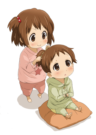barefoot, child, hair_bobbles, hair_ornament, hirasawa_ui, hirasawa_yui, imo_works, k-on!, multiple_girls, siblings, side_ponytail, sisters, young