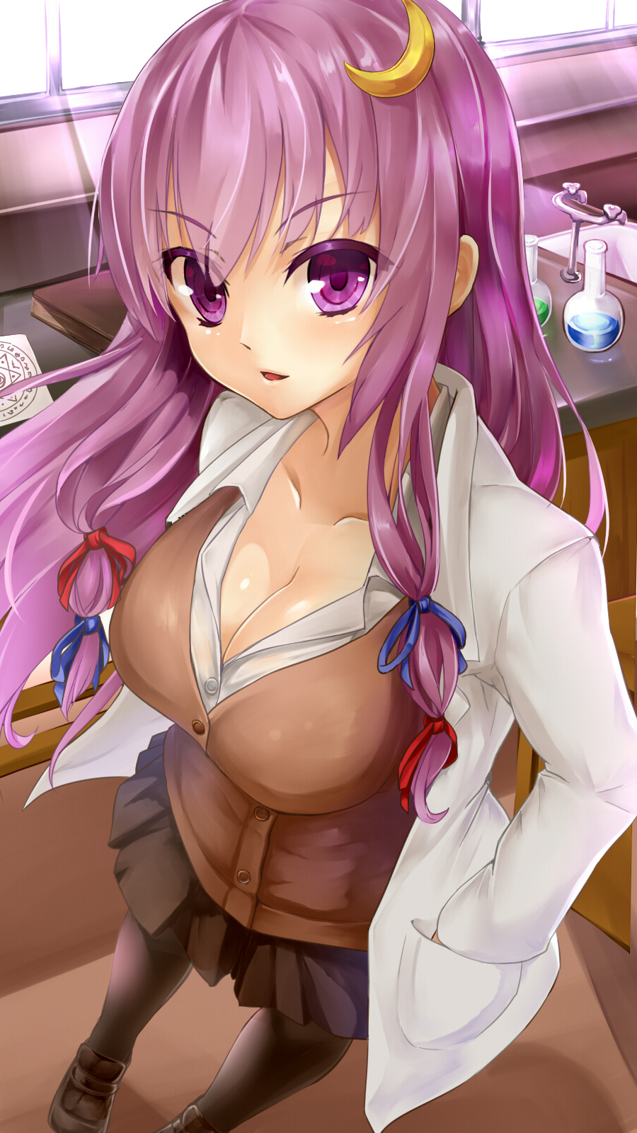 1girl, bangs, black_legwear, black_skirt, blue_ribbon, breasts, collarbone, crescent_hair_ornament, faucet, from_above, hair_ornament, hair_ribbon, hands_in_pockets, highres, labcoat, large_breasts, long_hair, looking_at_viewer, pantyhose, patchouli_knowledge, purple_hair, red_ribbon, ribbon, shiron_(e1na1e2lu2ne3ru3), shoes, skirt, solo, standing, touhou, tress_ribbon, uniform, vial, violet_eyes, window