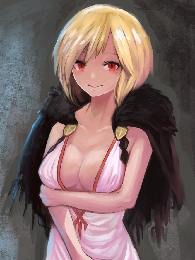 1girl, 3:, alternate_eye_color, arm_grab, assassin_(granblue_fantasy), bangs, blonde_hair, breasts