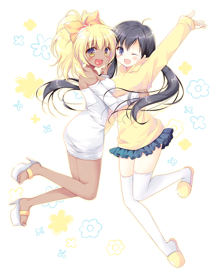 2girls, ;d, ahoge, arm_up, bangs, bare_legs, bare_shoulders, blonde_hair, blue_eyes, blue_skirt, blush, bow, bracelet, dark_skin, dress, eyebrows, eyebrows_visible_through_hair, finger_to_cheek, floral_background, full_body, ganguro, genderswap, hair_bow, hasekura_chiaki, heart, heart_in_mouth, hood, hood_down, hug, jewelry, jumping, juushiko_(osomatsu-san), long_hair, long_sleeves, looking_at_viewer, matsuno_juushimatsu, miniskirt, multiple_girls, nail_polish, off-shoulder_dress, off_shoulder, one_eye_closed, open_mouth, osomatsu-kun, osomatsu-san, platform_footwear, pleated_skirt, shirt, shoes, skirt, skirt_lift, slippers, smile, thigh-highs, toenail_polish, twintails, upskirt, very_long_hair, violet_eyes, white_dress, white_legwear, white_nails, white_shoes, yellow_bow, yellow_eyes, yellow_shirt, yellow_shoes
