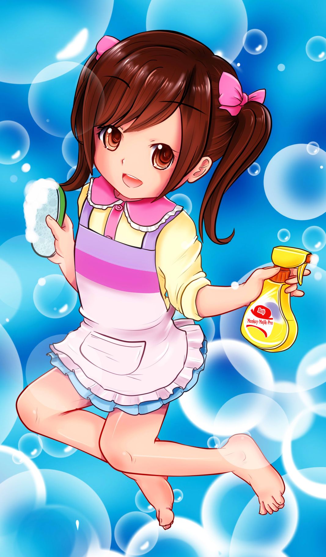 1girl, :d, apron, barefoot, bow, brown_eyes, brown_hair, bubbles, chikusan_nurseman, child, eyebrows_visible_through_hair, highres, long_hair, open_mouth, original, pink_bow, smile, solo, twintails, upper_teeth