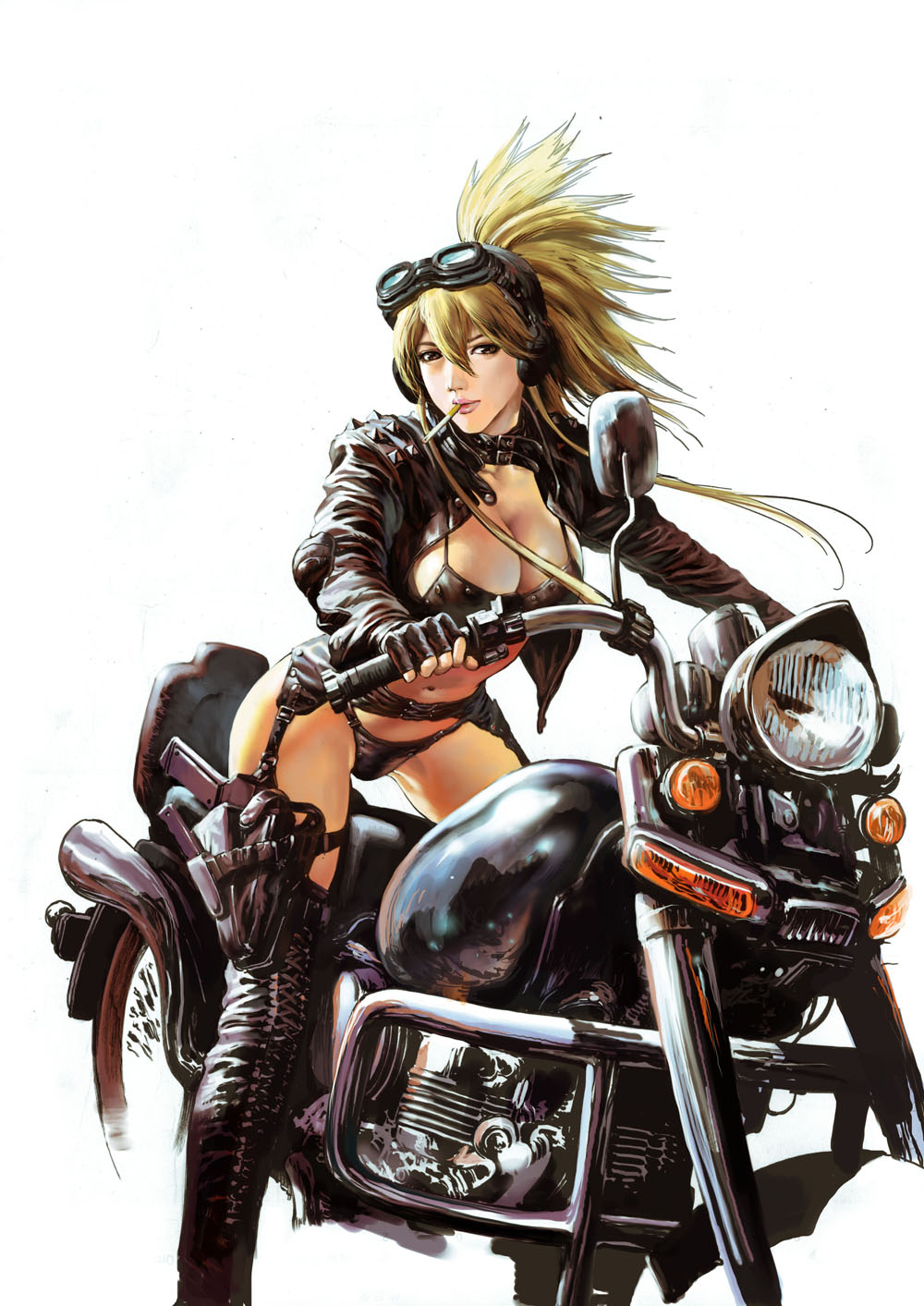 1girl, azazel1944, backlighting, biker, black_boots, black_bra, black_gloves, black_jacket