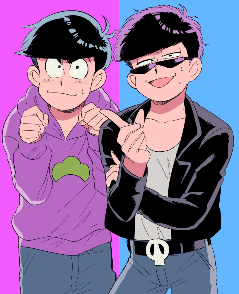 black_hair, brothers, cosplay, costume_switch, denim, hood, hoodie, jeans