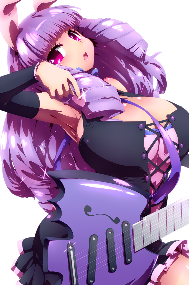 1girl, animal_ears, armpits, breasts, chuchu_(show_by_rock!!), detached_sleeves, dress, electric_guitar