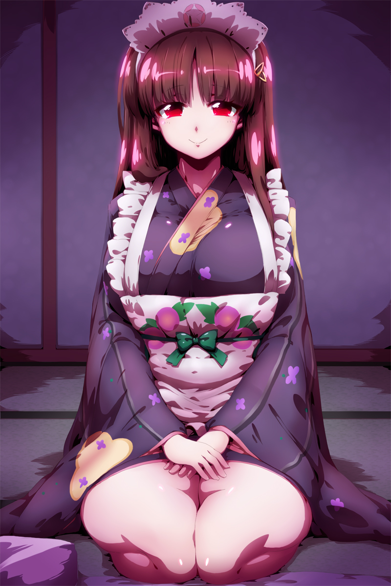 1girl, aloe_(fantasista_doll), apron, breasts, commentary, fantasista_doll, highres, japanese_clothes, kimono, large_breasts, long_hair, looking_at_viewer, maid_apron, maid_headdress, red_eyes, seiza, sitting, smile, solo, tatami, thighs, tissue_box, tokyo_(great_akuta), wa_maid