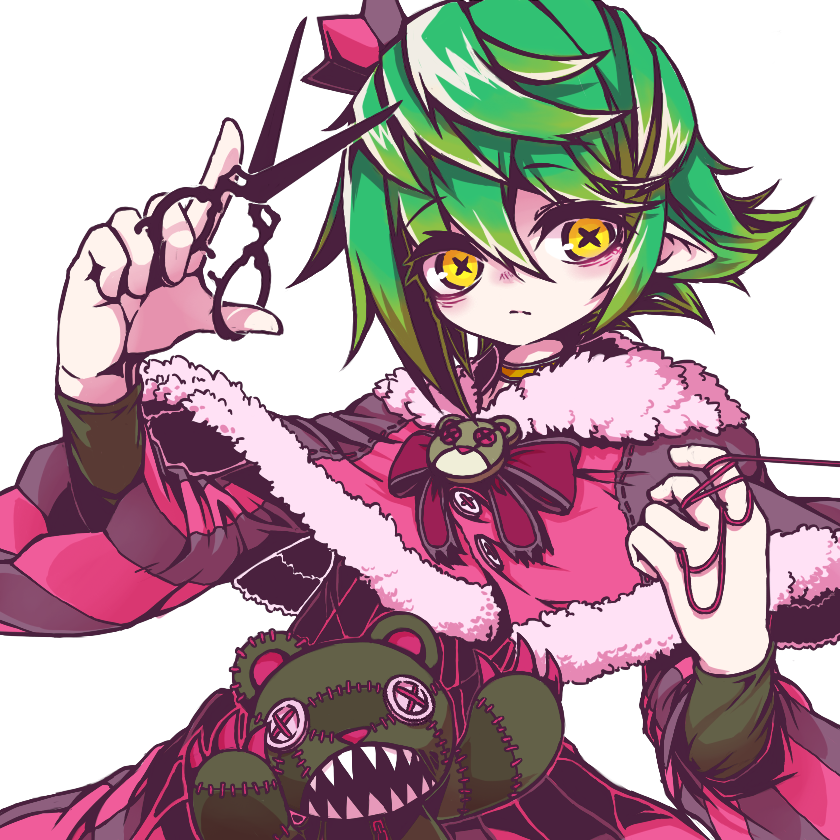 androgynous, bow, bowtie, commentary_request, expressionless, green_hair, looking_at_viewer, mirin_(1815815)